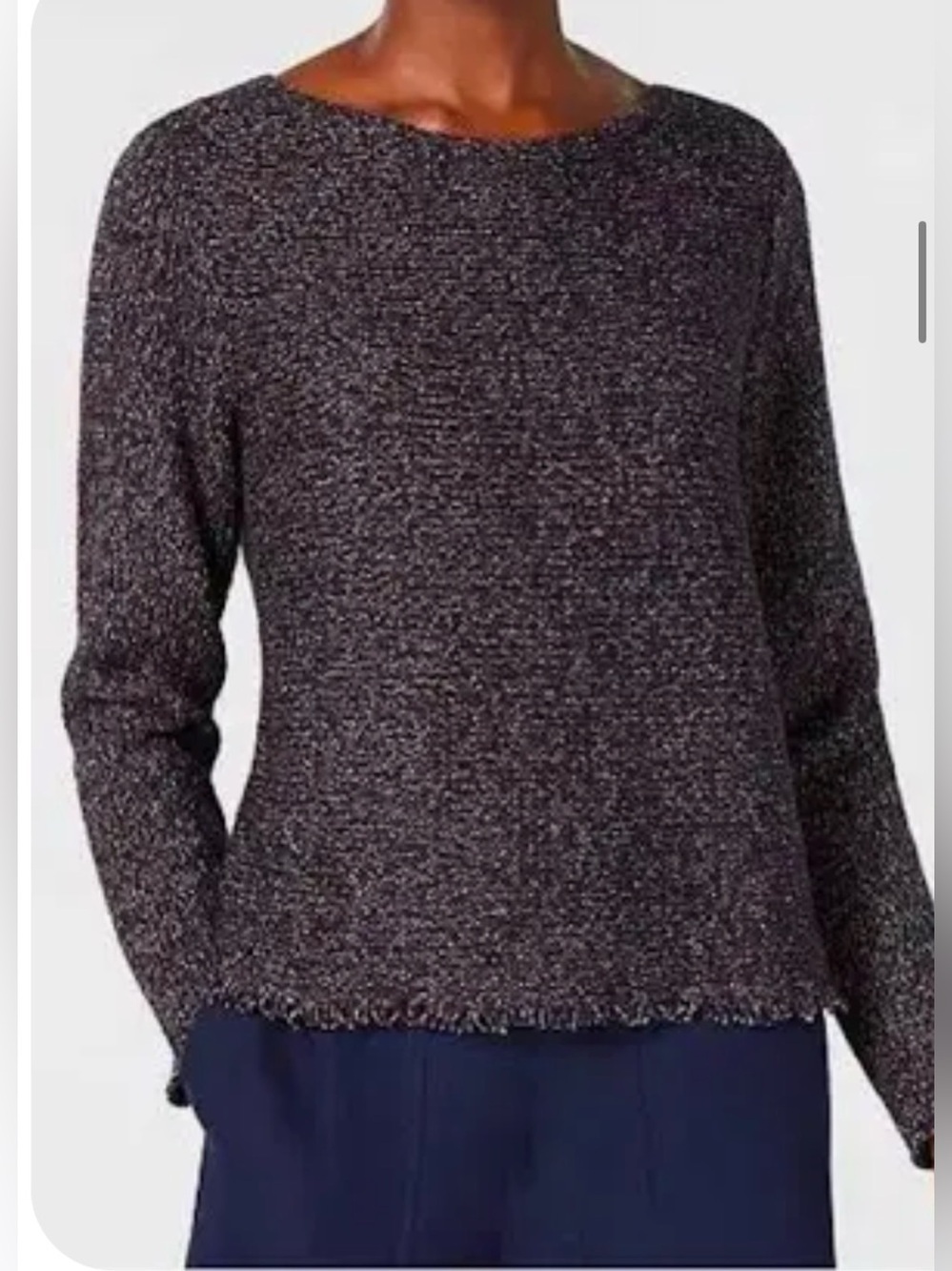 Eileen Fisher SP brown speckle cotton blend fringe hem quiet luxury sweater boho